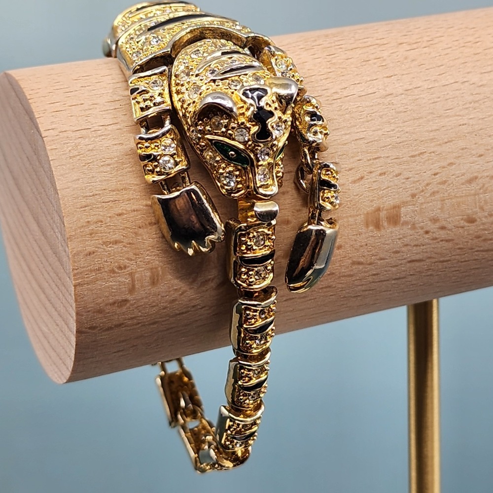 Gold Tone Elephant Rhinestone Bracelet Black Enamel Articulated Statement Glam